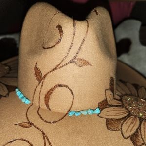 Custom burned felt hat, turquoise, Swarovski crystals